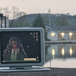 A compaq TC1000, by the water, at sunset. The wallpaper is Jonathan Sims, partially transformed into a monster. In the distance, there's a boathouse.