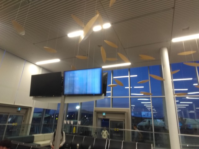 A photo from an airport gate. The focus is on a single television, whose signal is extremely garbaled. You can just make out the text, "More oceans." In the background, the airstrip is visible at night through windows.