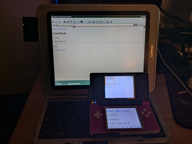 A compaq TC1000 and nintendo DSi, both displaying a page titled "Jrnl Dash" in their respective web browsers.